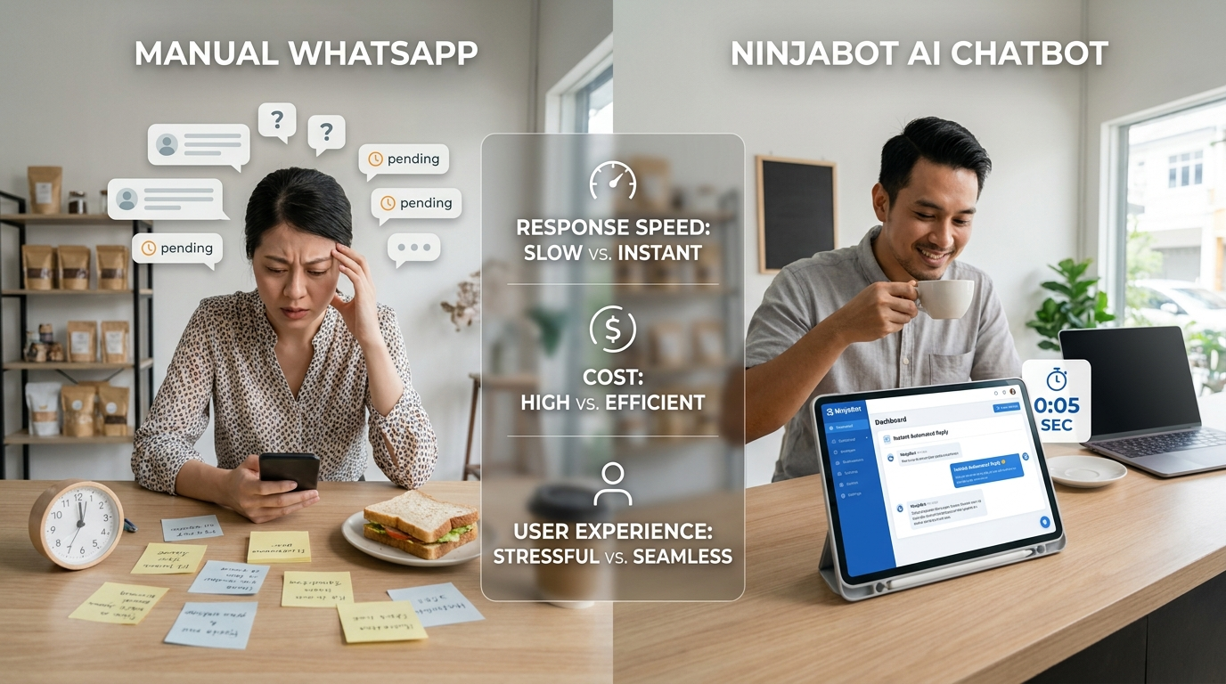 Comparing Manual WhatsApp Messaging and NinjaBot AI Chatbot Setup and Cost
